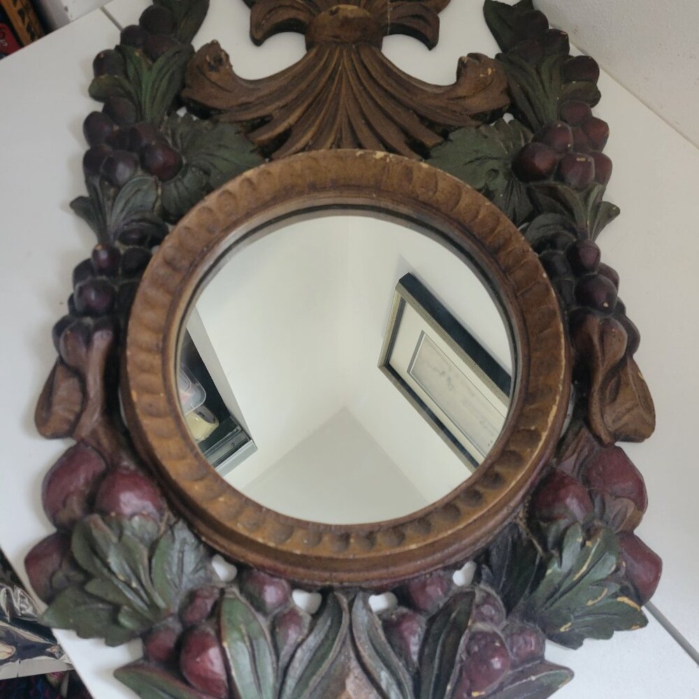 Old German Black Forest Carved Wood Mirror with Frame